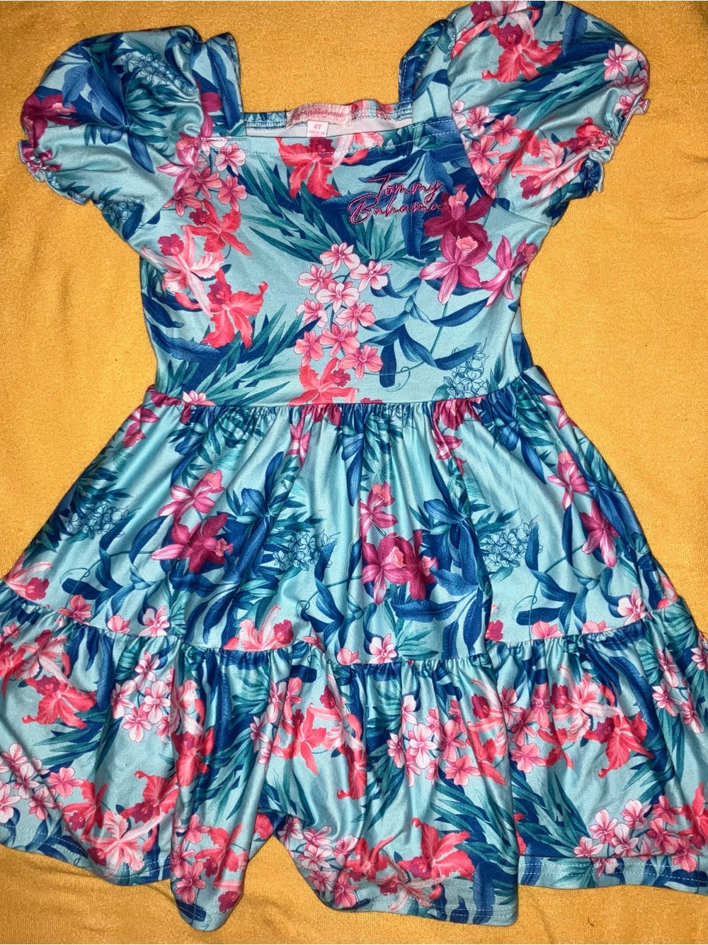 Tommy Bahama Blue Floral Puff-Sleeve Tiered Dress